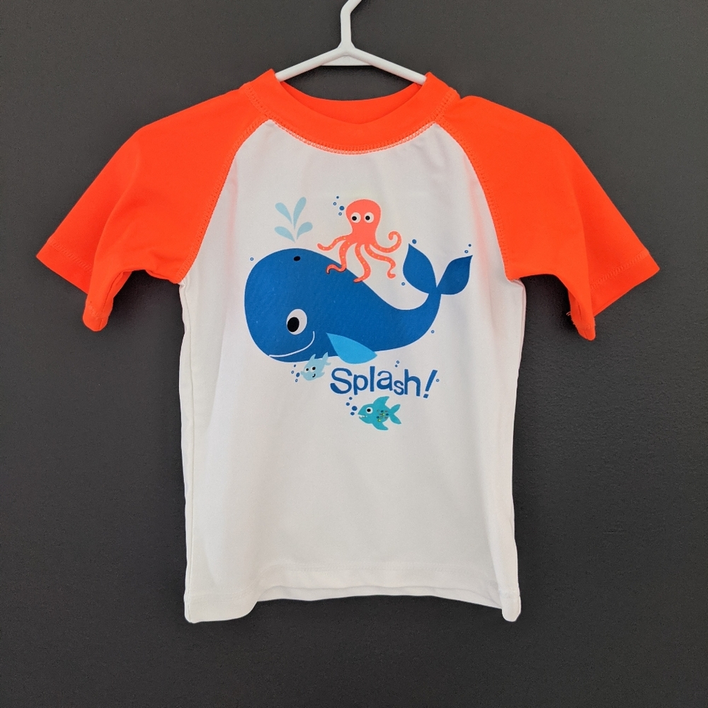 White & orange whale print rashguard swimsuit top